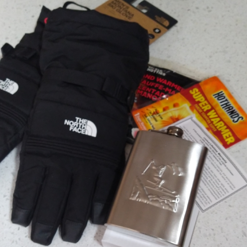 The North Face Montana Black Ski 🎿 Snowboard Gloves with Skier Metallic Flask